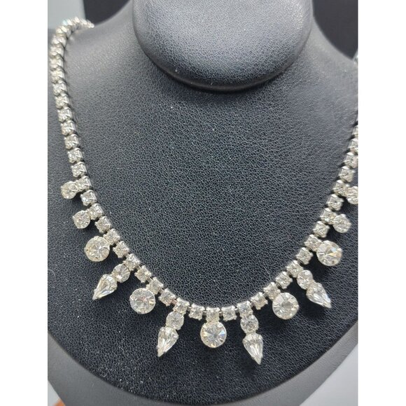 Vintage Garne Jewelry Rhinestone Choker Necklace 15" Clear Prong Set Stones - Picture 2 of 7
